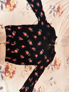 Black Floral Lace Neck Top