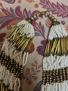 Bohemian White &amp; Gold Beaded Statement Necklace