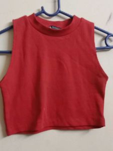 Red Sleeveless Mock Neck Crop Top