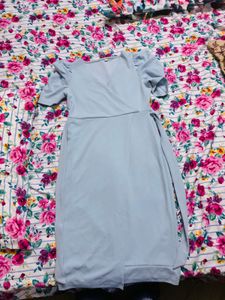 Light Blue Wrap Dress with Puff Sleeves