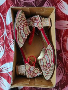 Embellished Red &amp; Gold Flat Shoes