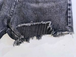 Distressed Denim Shorts with Rhinestone Fringe