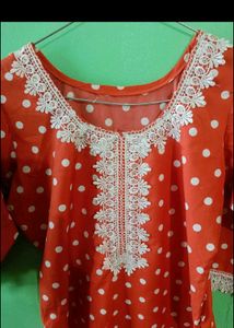 Elegant Red Polka Dot Kurta with Lace Detail
