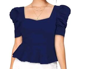 Navy Blue Puffed Sleeves Top