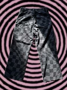 Checkerboard Print Wide Leg Jeans