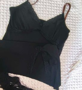 Lace Trim Black Slip nighty with thong