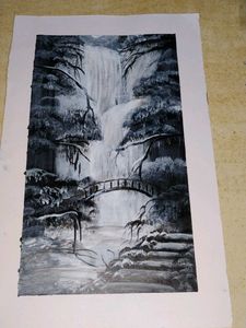 Monochromatic Waterfall Landscape Painting