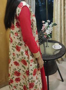 Elegant Red Kurta Set with Floral Jacket