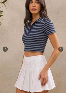 Women's Navy Blue Striped Ribbed Polo Crop Top