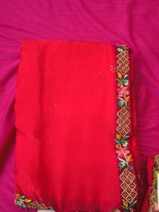 Embroidered Red Saree with Blouse Piece