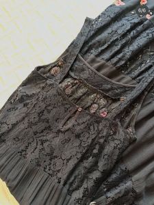 Floral Embroidered Lace insert Black Maxi Dress