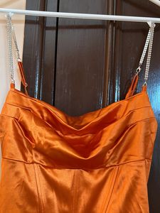 Orange Satin Slip Dress with Rhinestone Straps