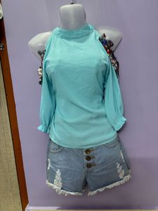 Blue Embellished Cold Shoulder Top