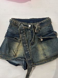 Distressed Denim Cargo Skirt with Belt