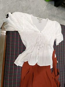 Chic White Top &amp; Rust Pants Set