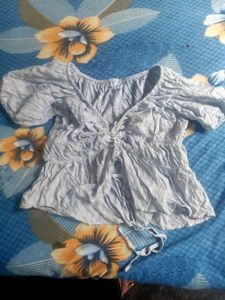Light Blue Cropped Puff Sleeve Top