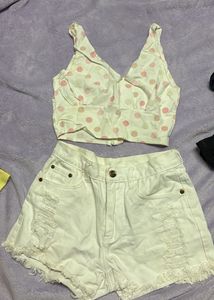 Polka Dot Crop Top & jeans Shorts Set