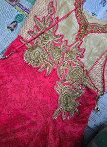 Beautiful Pink &amp; Gold Embroidered Anarkali Gown wi