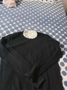 Black Textured Knit Top with White Collar