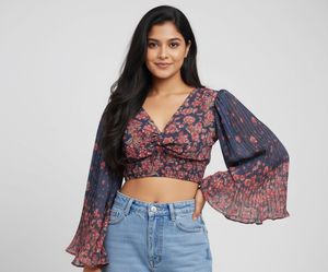 Floral Print Bishop Sleeve Crop Top💙