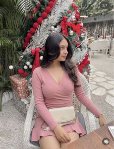 Chic Pink Ribbed Wrap Dress