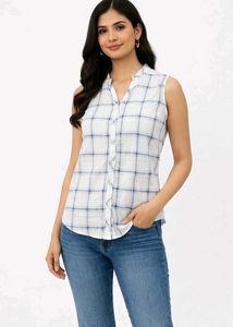 Sleeveless Plaid Button Down Top
