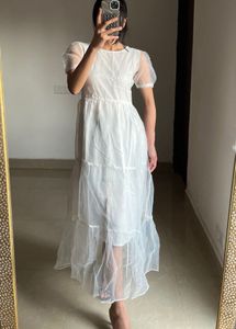 Sheer White Puff Sleeve Tiered Midi Dress