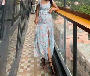 Light Blue Floral Print Maxi Dress