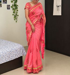 Embroidered Peach-Pink Saree with Blouse