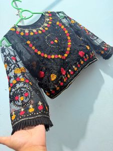 Embroidered Black Net saree with blouse
