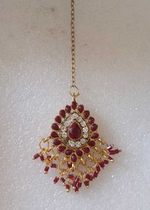 Gold Maang Tikka with Maroon Stones