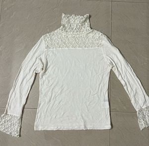 White Lace Trim Turtleneck Top