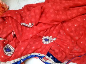 Red &amp; Blue Embellished Saree
