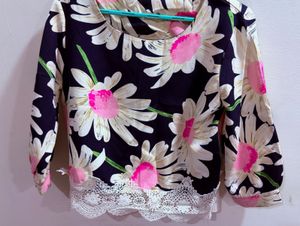 Daisy Print Top with Lace Trim