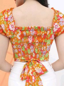 Floral Smocked Crop Top with Tie Detail