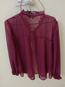 Chic Sheer Blouse with Ruffled Neckline