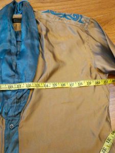 Designer Gold &amp; Teal Dhoopchaun Silk Shirt