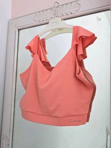 Clovia Coral Cropped Sports Top with Ruffle Straps