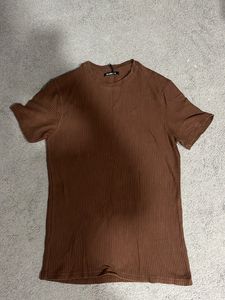 Brown Ribbed Knit T-Shirt