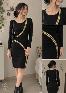Elegant black bodycon dress with gold zip