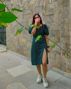 ✨ Dark Green Polka Dot Midi Dress