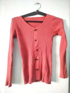 Coral Ribbed Button-Up Top 🫶🏻