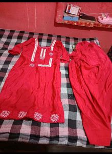 Vibrant Red Kurta Set with White Embroidery