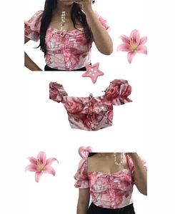 cute Chic Pink Floral Puff Sleeve Crop Top
