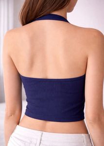 Navy Halter Ribbed Crop Top