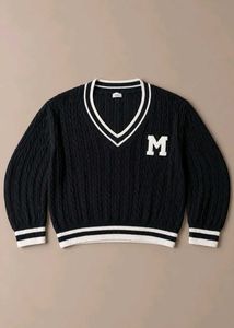 BLACK CABLE-KNIT VARSITY V-NECK SWEATER