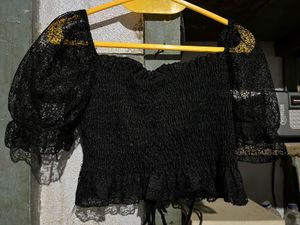 Black Lace Puff Sleeve Top