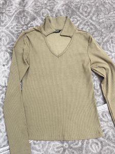 Ribbed Long Sleeve Top with Collar Detail