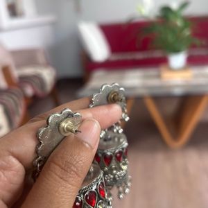 Red &amp; Silver Jhumka Earrings