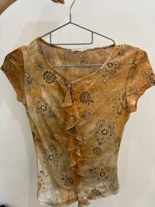 Sheer y2k Floral Print Top with Ruffles
